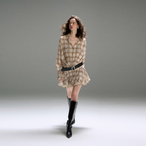 PynkiSwear 卡其色格纹翻领宽松木耳边短款连衣裙小众衬衫百褶裙