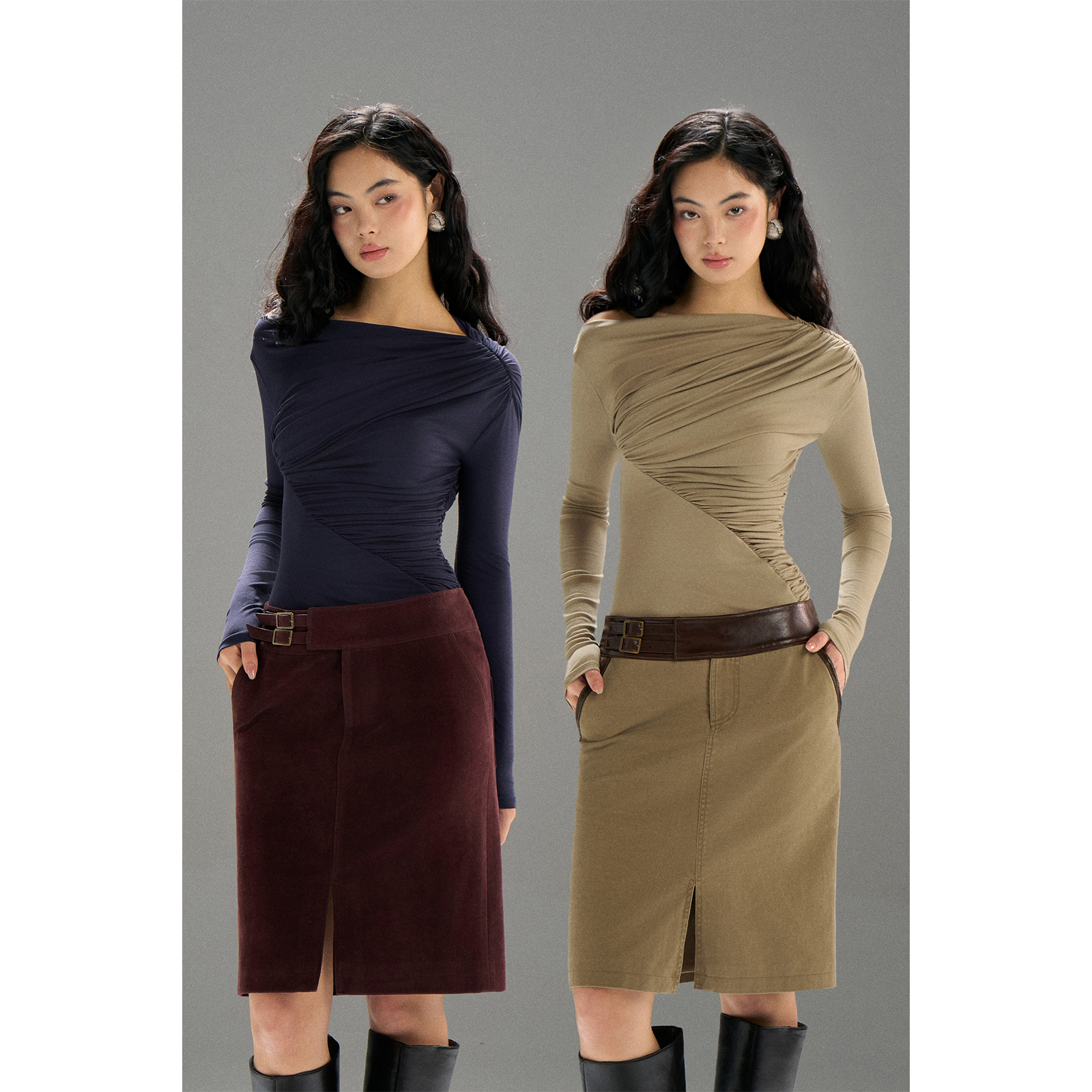 PynkiSwear藏青色/奶咖色莱赛尔一字领褶皱修身T恤显瘦打底衫上衣