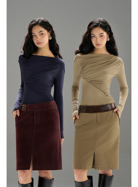 PynkiSwear藏青色/奶咖色莱赛尔一字领褶皱修身T恤显瘦打底衫上衣