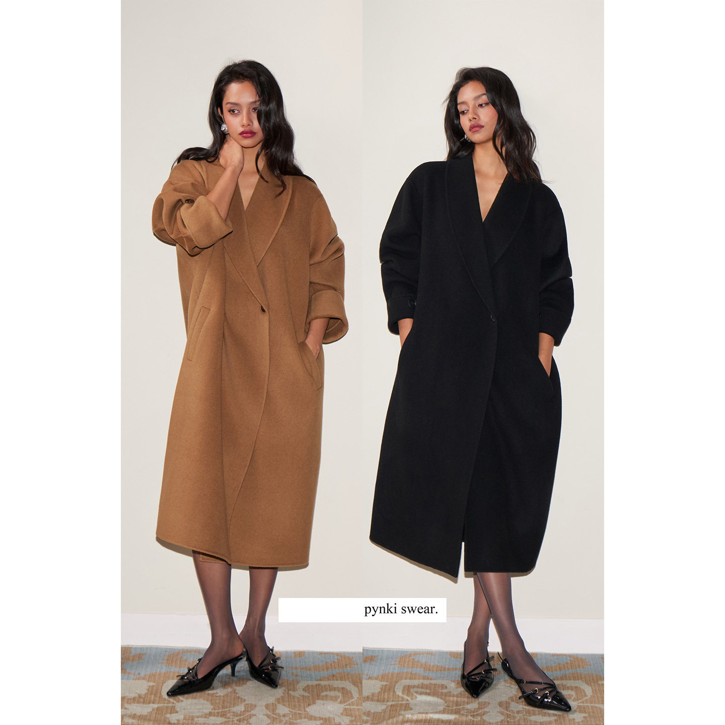 PynkiSwear 驼色/黑色绵羊毛茧型双面呢大衣女宽松中长款毛呢外套