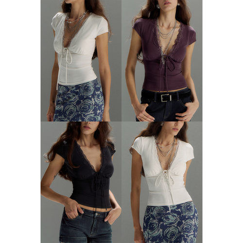 PynkiSwear白色/黑色/紫色1*1索罗棉V领系带蕾丝花边拼接短袖上衣