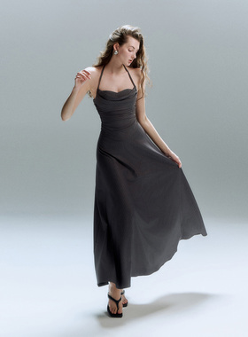 PynkiSwear灰色条纹 高智挂脖长款吊带连衣裙海边度假设计感短裙