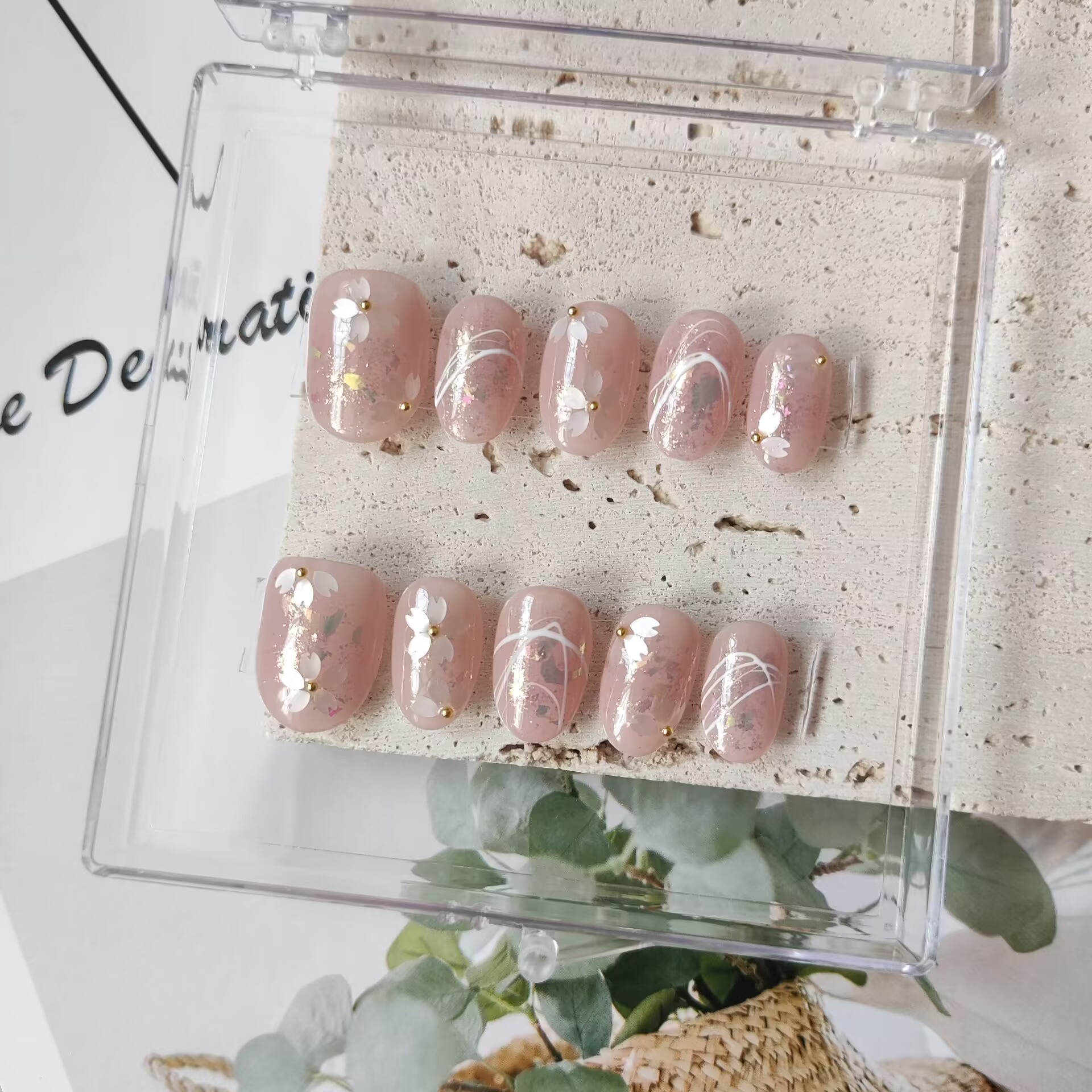 唯美樱花爆闪欧泊手工穿戴甲纯欲风可拆卸重复使用甲片SY轻奢美甲