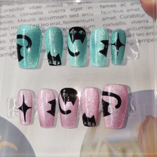 猫眼手绘小黑猫万圣节手工穿戴甲糖果粉可爱甜酷夏清新SY轻奢美甲