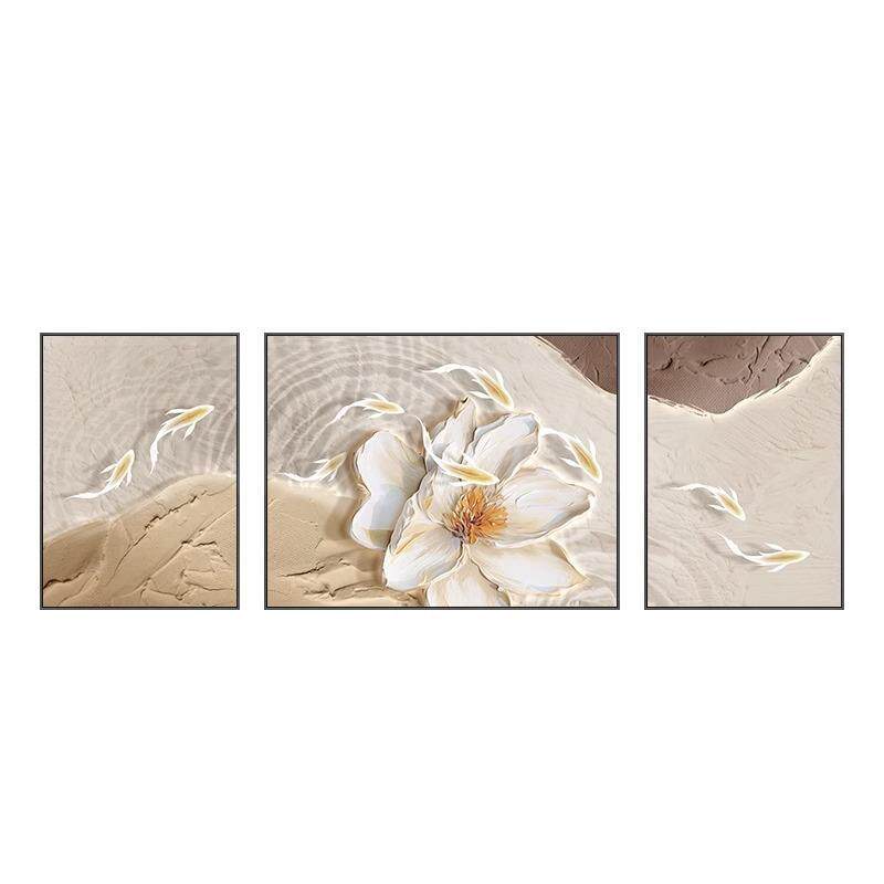 奶油风花卉客厅装饰画鱼图三联沙发背景墙挂画抽象高级卧室壁画