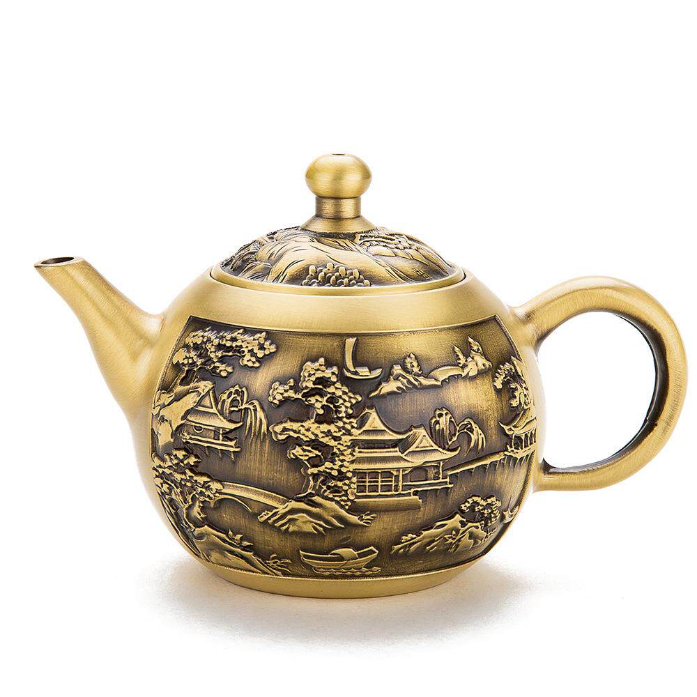 黄铜拉丝铜壶山水茶壶铜茶壶家居创意铜器摆件金属黄铜茶壶工艺品