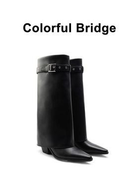 Colorful Bridge丨裤管靴设计师款皮带扣长靴 黑色粗跟女士高靴