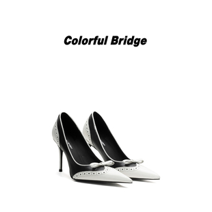 Colorful Bridge【序白】黑白拼色布洛克鞋高浅口镂空女士高跟鞋