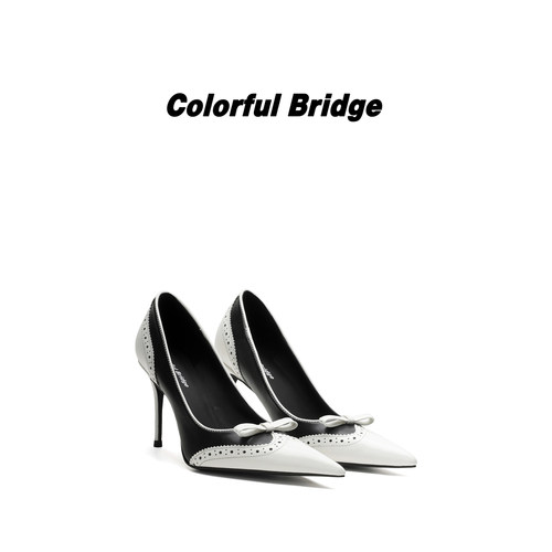 Colorful Bridge【序白】黑白拼色布洛克鞋高浅口镂空女士高跟鞋
