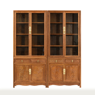 红木家具鸡翅木书房书柜带门仿古中式 实木书橱书架自由组合玻璃柜