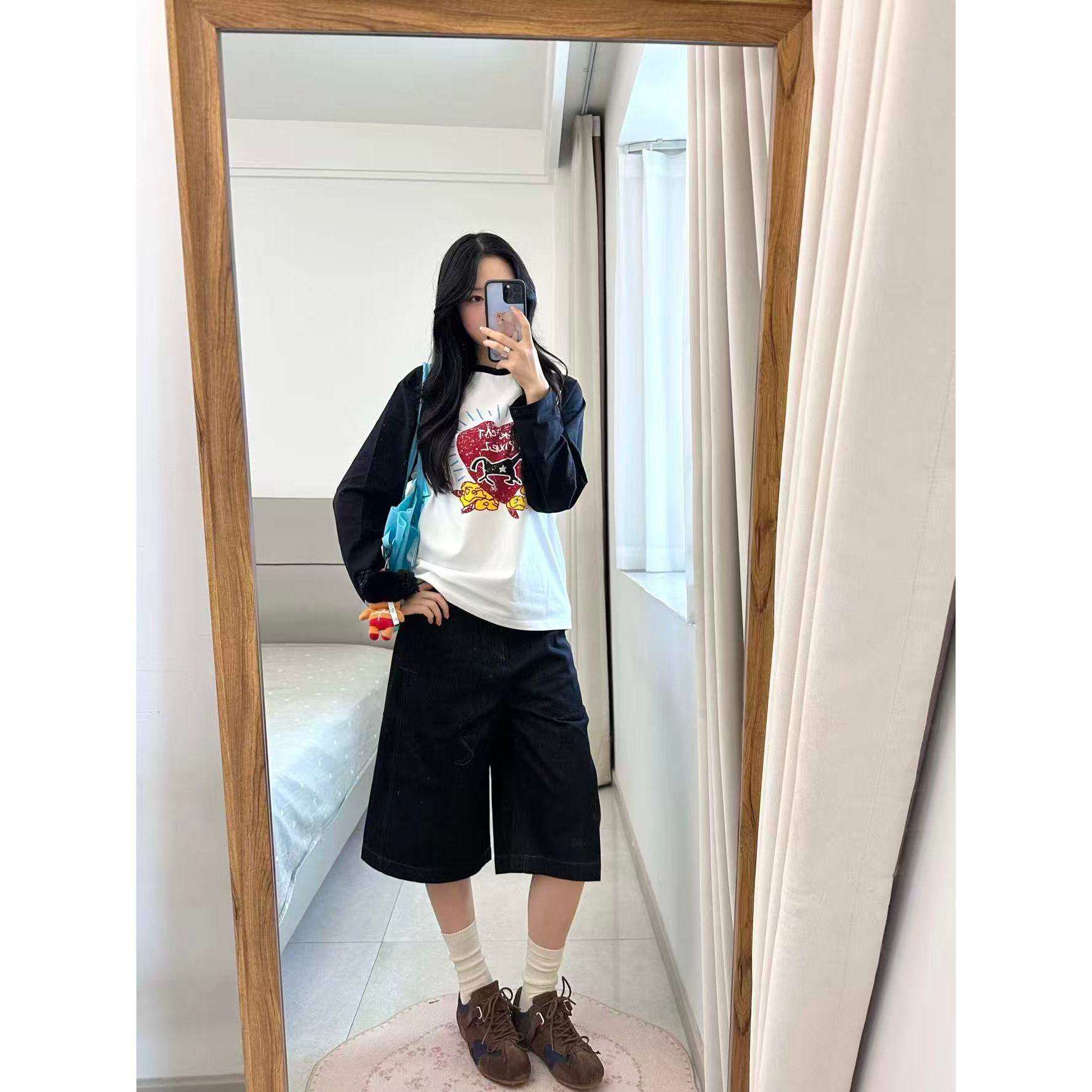 捡漏专柜撤回尾单大牌正品上衣精梳精密印花秋季拼色长袖T恤女