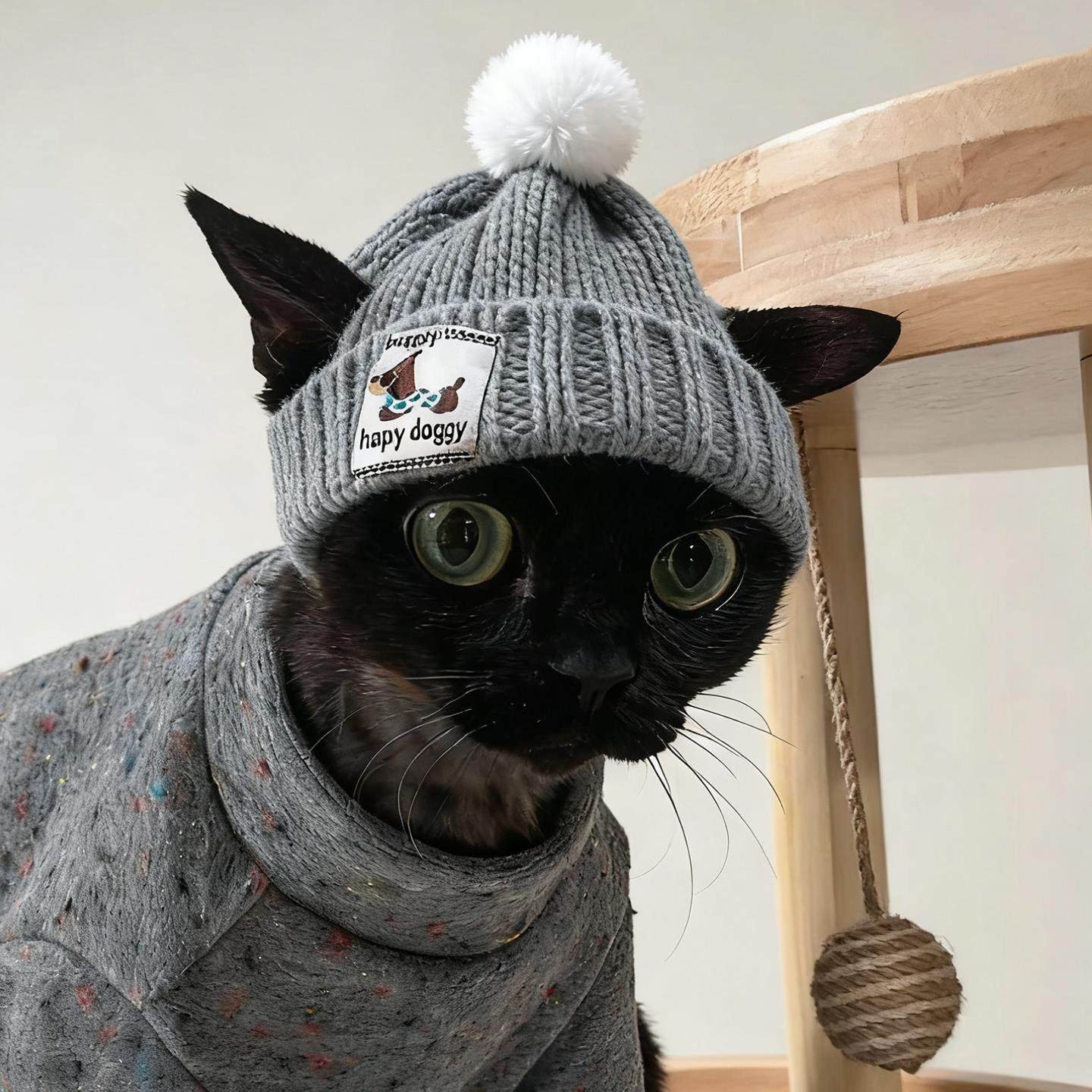 猫咪帽子德文猫秋冬季保暖针织帽新年圣诞节小狗犬红色露耳朵头套