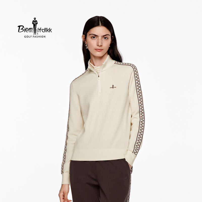 【多功能羊毛】比音勒芬高尔夫秋女士字母织带亲肤柔软立领羊毛衫