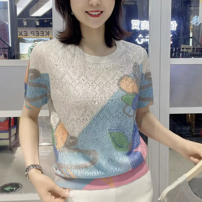 夏季新款女装高端洋气烫钻印花时T恤
