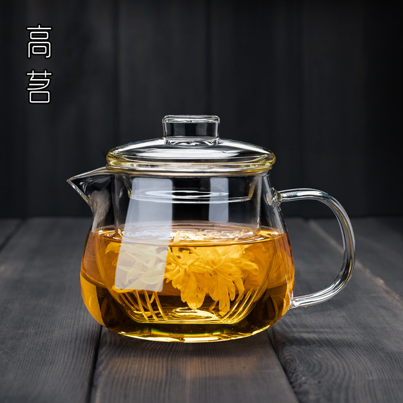 高茗玻璃泡茶壶加厚耐高温小花茶壶过滤茶水分离泡茶家用单壶企鹅