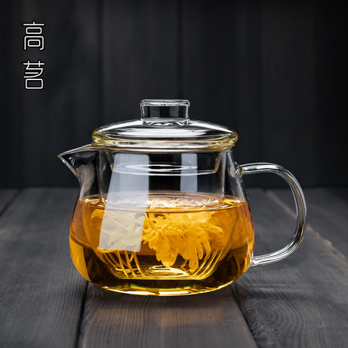 高茗玻璃泡茶壶加厚耐高温小花茶壶过滤茶水分离泡茶家用单壶企鹅