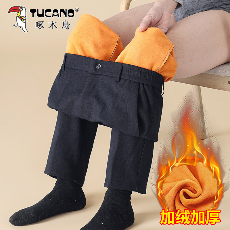 啄木鸟正品爸爸加绒裤子男冬季中老年男士加厚休闲裤保暖棉裤外穿