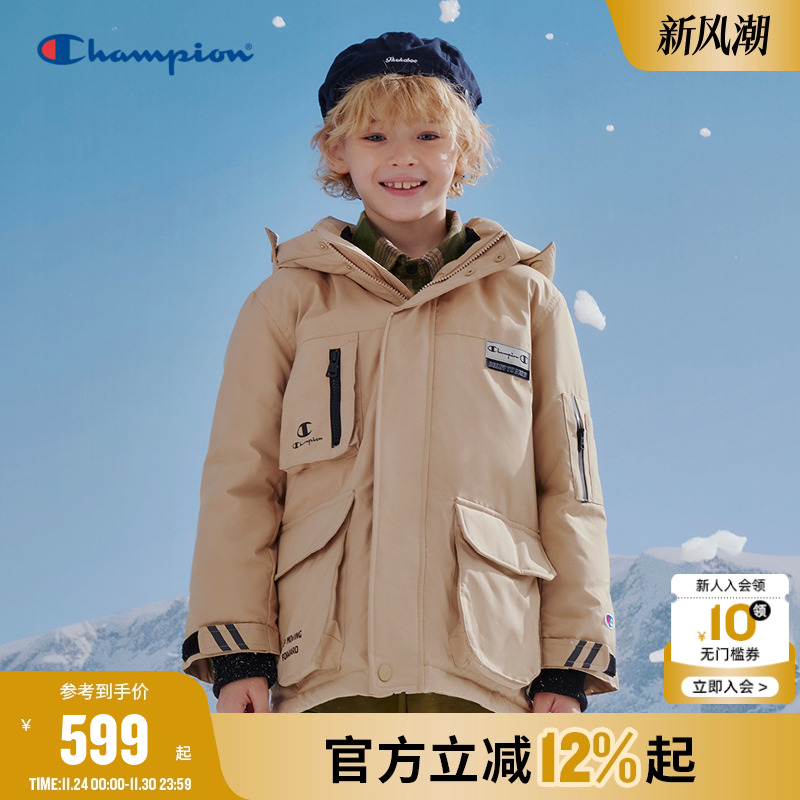 Champion冠军男女儿童装25冬季复古亲子多口袋保暖鸭绒连帽羽绒服