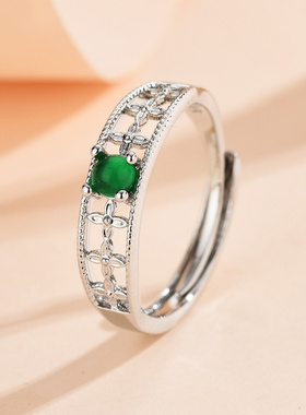 新款绿色石头戒指开口女复古戒指时尚气质潮百搭饰品