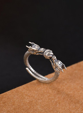 新款双龙戏珠戒指男款复古民族风