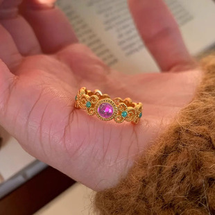 新款新中式宫廷风浮翠流丹戒指国风故宫配色景彩窗花开口