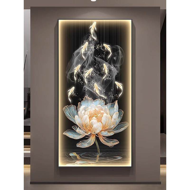 和气生财玄关装饰画轻奢九鱼图入户带灯壁画高档荷花走廊过道挂画