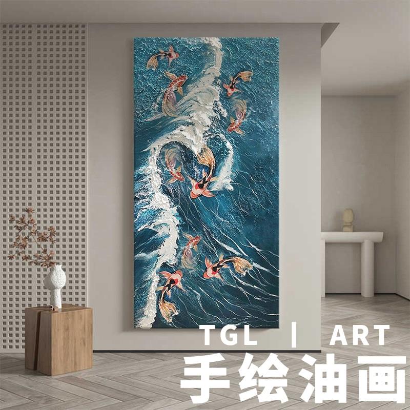 九鱼图玄关客厅挂画鲤鱼跃龙门海浪肌理纯手绘油画楼梯转角装饰画图片