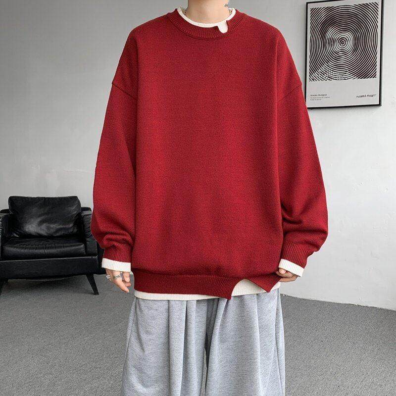 恒源祥胖子宽松加厚本命年毛衣红色冬季加肥大码男套头针织羊毛衫