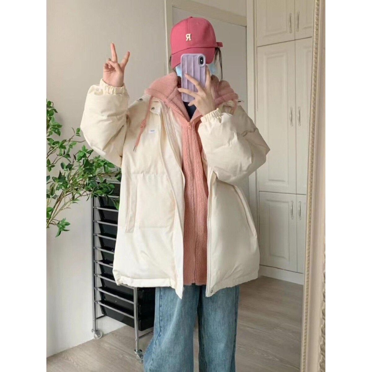 网图温柔风拼色加厚连帽假两件棉服女秋冬新款学生棉衣外套