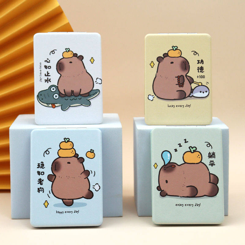 新款镜子可折叠鼻涕豚同款可爱化妆镜便携两倍放大手持化妆小镜子