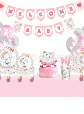 2026新款baby shower粉色蓝色小象主题生日派对装饰套装