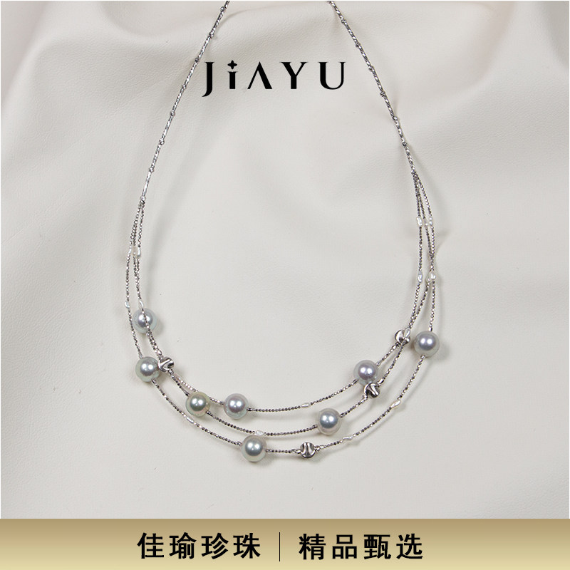 Akoya海水珍珠纯银三层猫眼项链