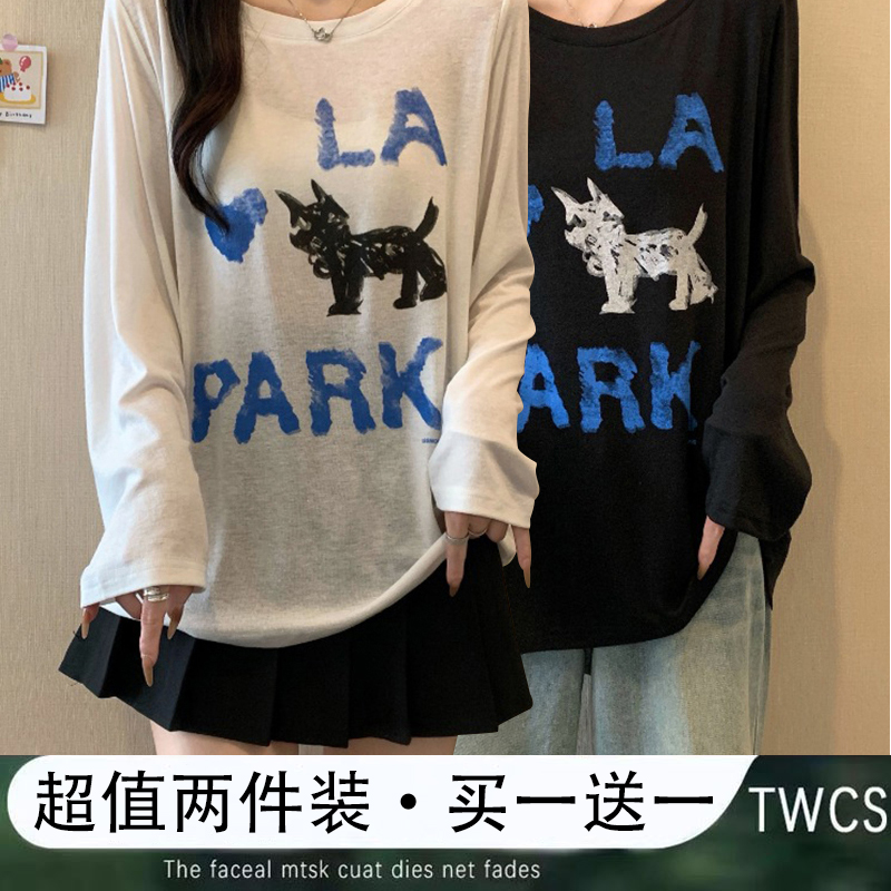 百搭圆领可爱小猫印花长袖T恤女2025秋季新款甜辣妹薄款罩衫上衣