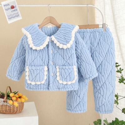湖南省服儿童睡衣冬季加绒加厚冬款三层保暖家居服珊瑚绒套装外穿