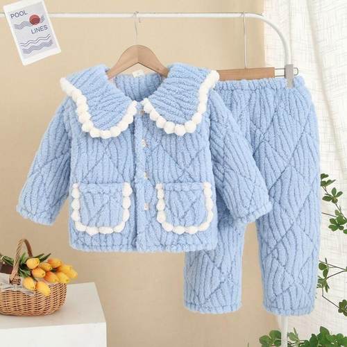 湖南省服儿童睡衣冬季加绒加厚冬款三层保暖家居服珊瑚绒套装外穿
