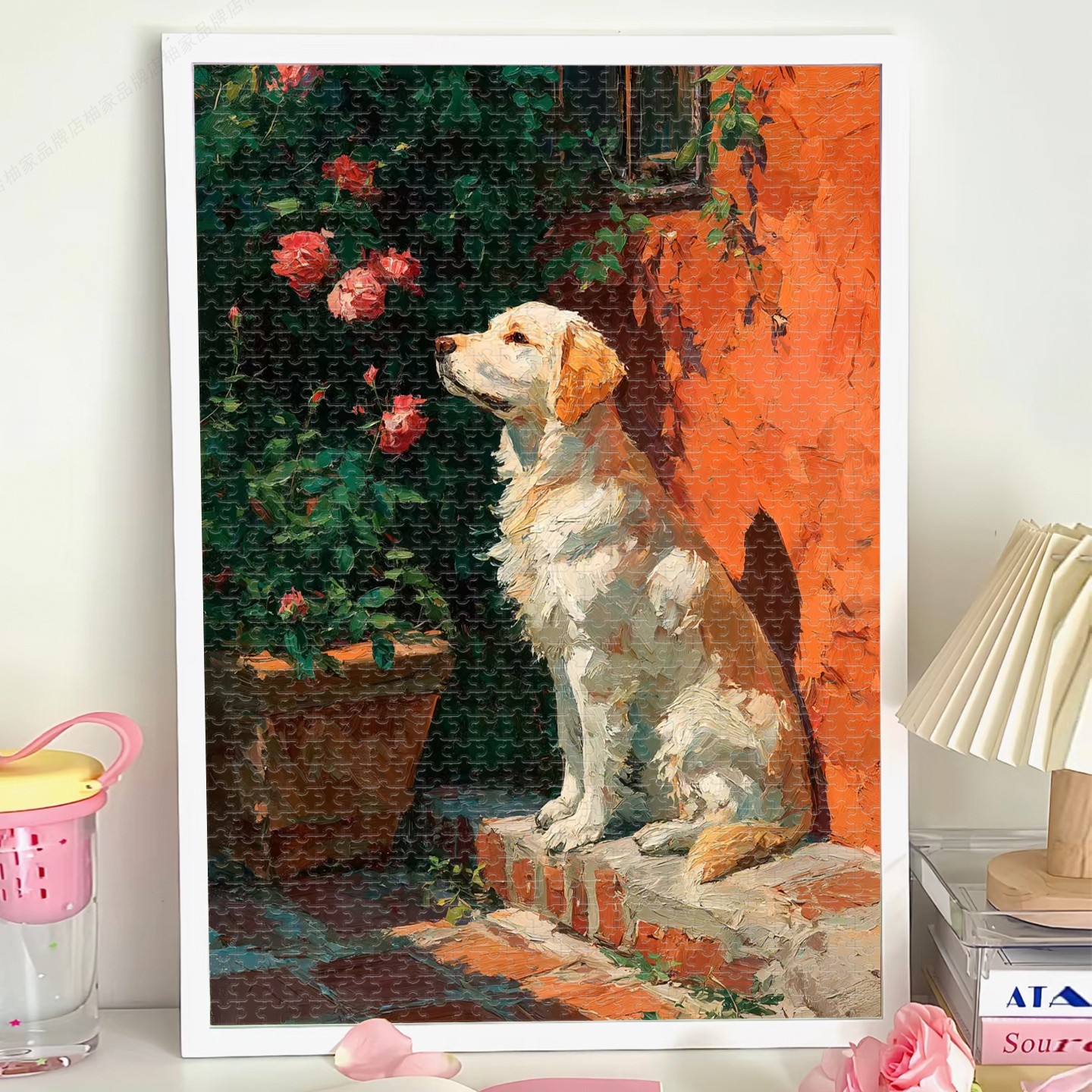 秋日风光玫瑰与狗木质拼图一千片带相框可定制高颜值挂画适合大人