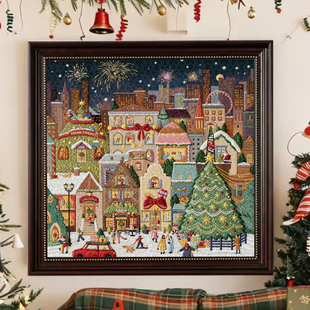 初雪之夜刺绣版木质拼图一千片带框适合冬天的装饰画解压益智玩具