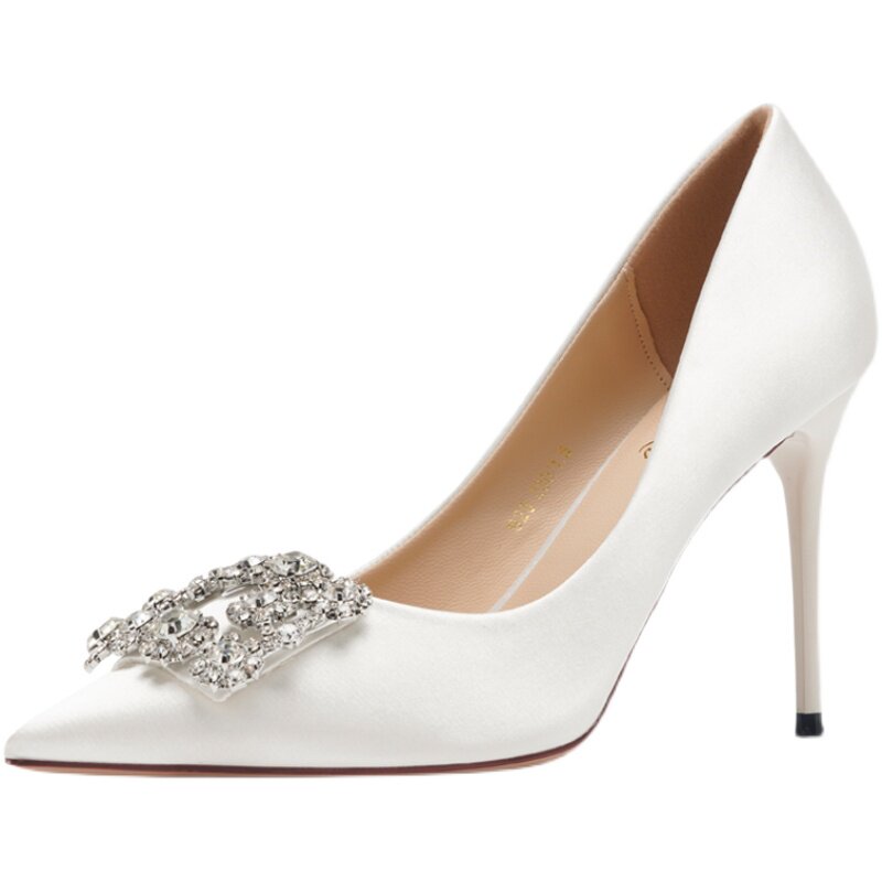 LET THE FLOWER BECOME A FLOWER POINTED TOE SQUARE BUCKLE RHINESTONE SATIN HEELS WOMENS FRENCH ELEGANT STILETTOS BRIDESMAID SHOES