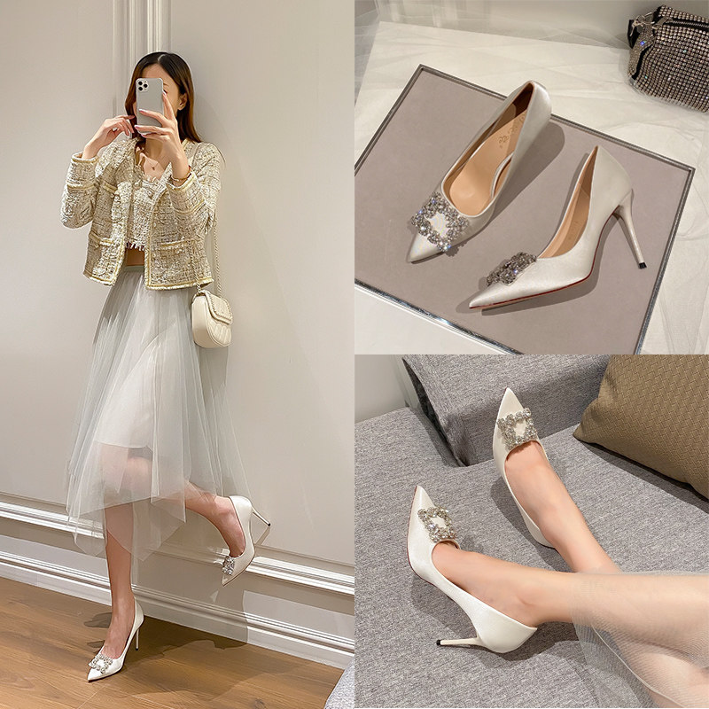 LET THE FLOWER BECOME A FLOWER POINTED TOE SQUARE BUCKLE RHINESTONE SATIN HEELS WOMENS FRENCH ELEGANT STILETTOS BRIDESMAID SHOES