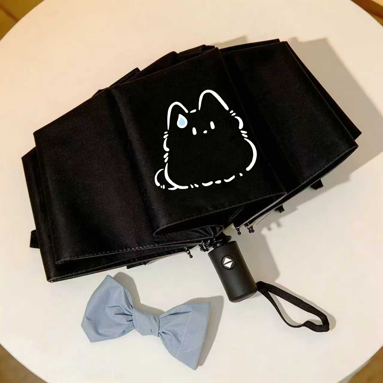 黑白喵呜卡通猫咪晴雨伞折叠遮阳伞ins大容量简约森系便携防晒伞