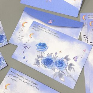 浪漫蓝玫瑰花信封套装蓝色复古唯美星空主题信纸信封组合文艺清新