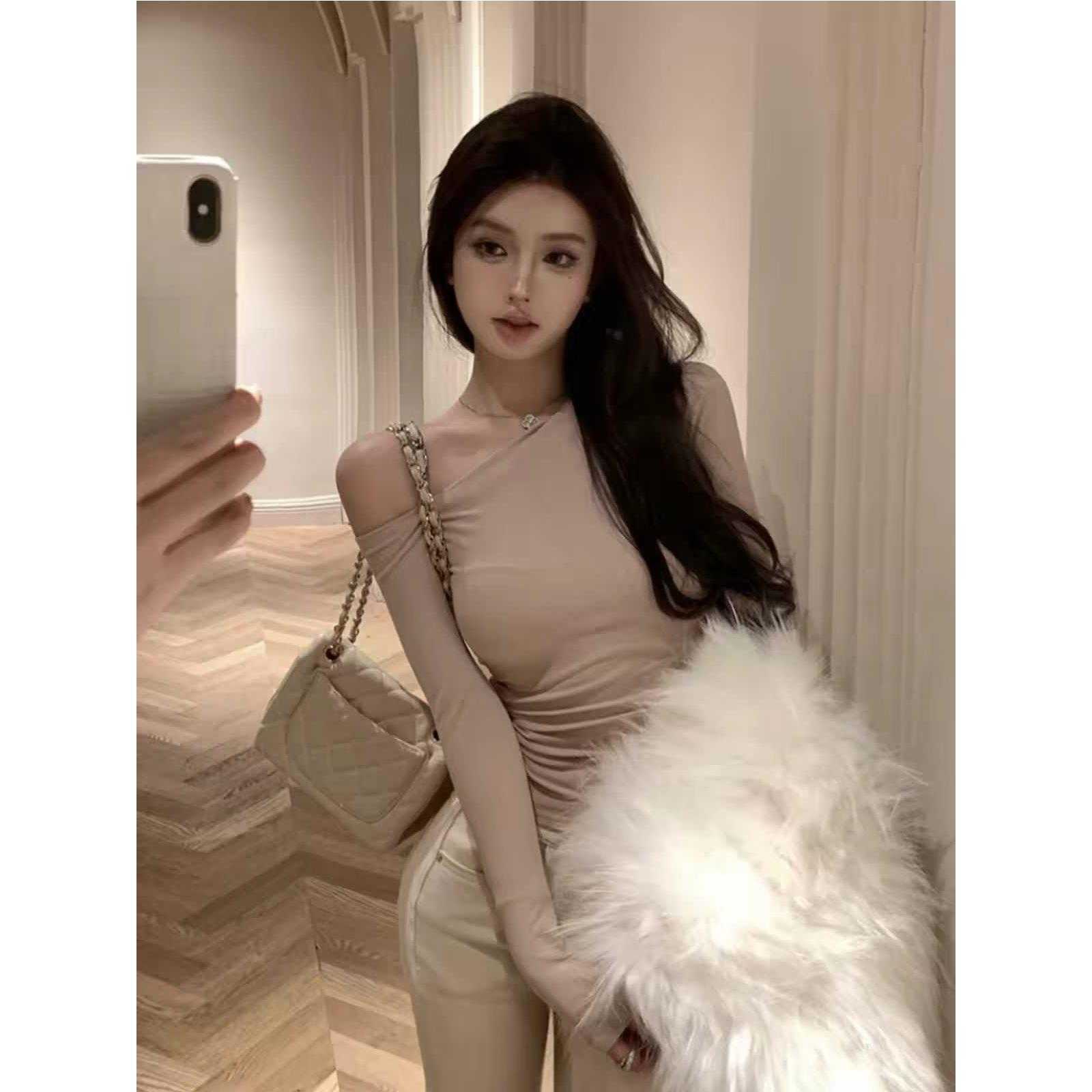 美式甜辣一字肩斜领长袖T恤女