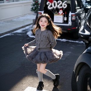 女童童装2025春秋新款洋气时髦闪闪毛衣开衫套装裙子毛线衣两件套