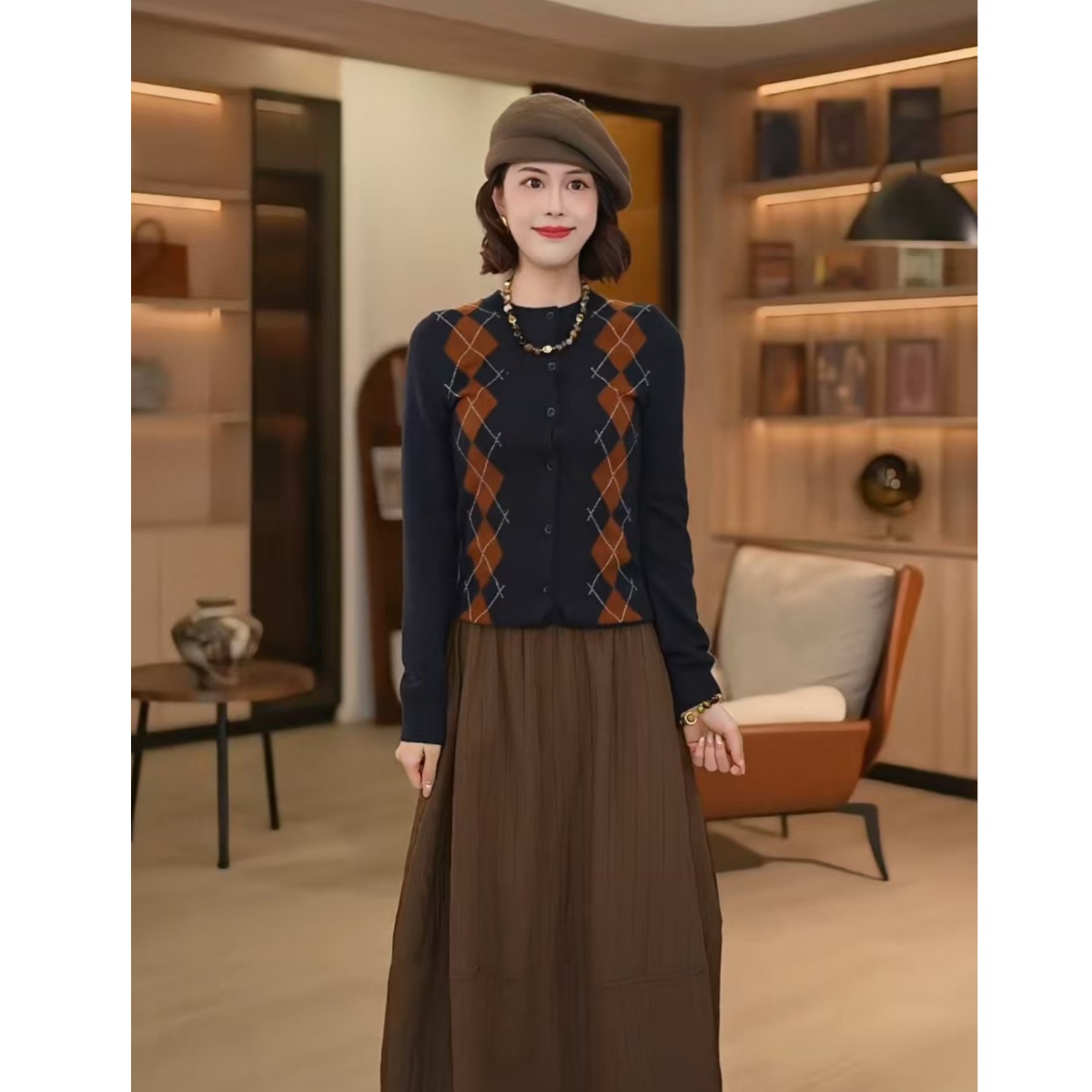 单件开衫秋冬常规修身型针织菱格