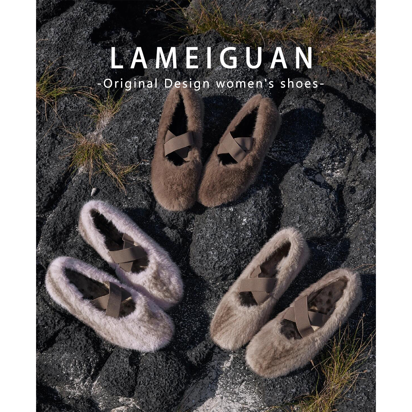 法式交叉带平底芭蕾玛丽珍毛毛鞋