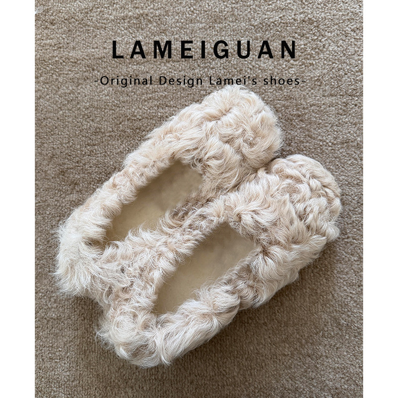 法式羊羔毛毛圆头平底单鞋女2025秋冬新款杏色浅口加绒芭蕾舞棉鞋