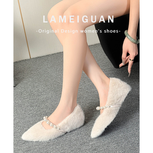 法式温柔风尖头内增高毛毛单鞋女2025秋冬新款白色浅口加绒平底鞋