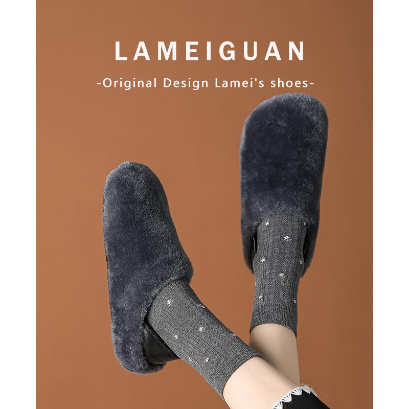 高级感蓝色水貂毛厚底毛毛鞋女外穿2025新款复古加绒保暖勃肯棉鞋