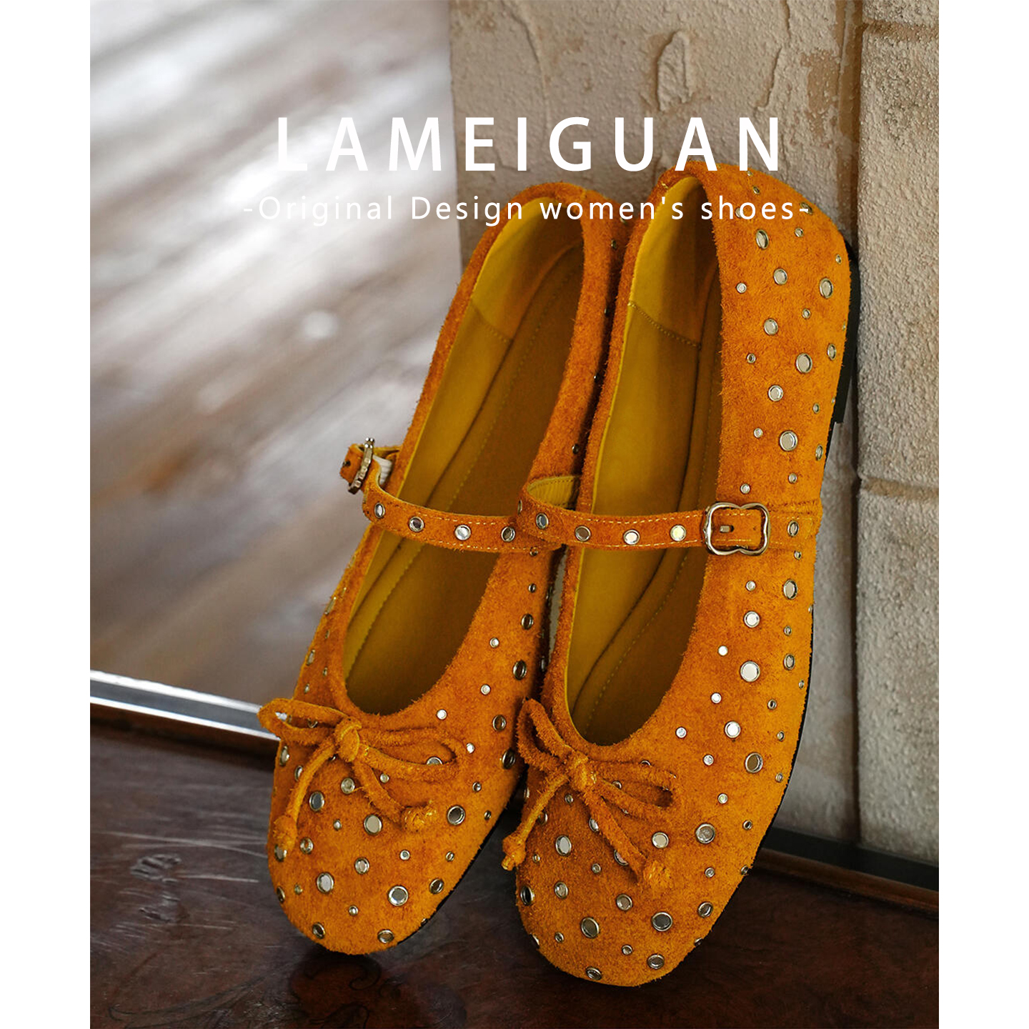 黄色复古波点蝴蝶结芭蕾玛丽珍鞋