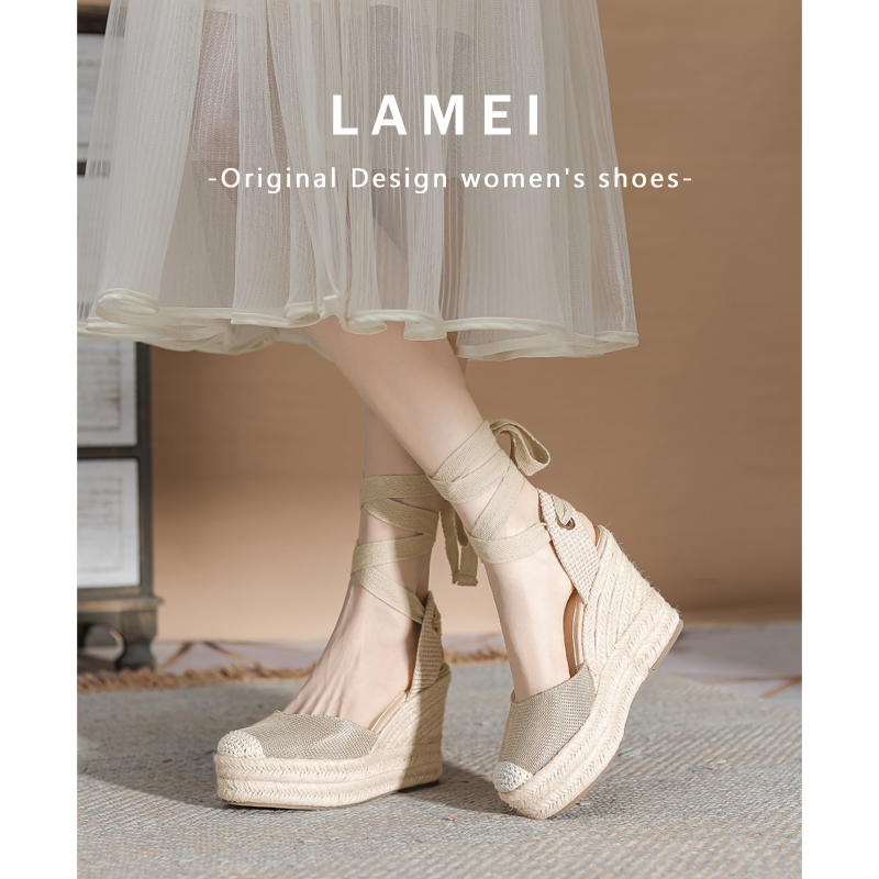 法式亚麻渔夫鞋女厚底波西米亚坡跟包头凉鞋2025夏季绑带高跟单鞋